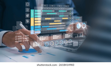 Project management and workflow tracking concept. task management system with a Gantt chart, to do list, and KPI dashboard, representing corporate efficiency, productivity, and timeline tracking.