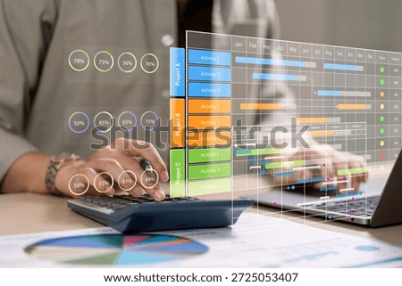 Project manager analyzing timeline, progress charts, and resource allocation with digital project planning dashboard for efficient task tracking. performance management. project, planning, management