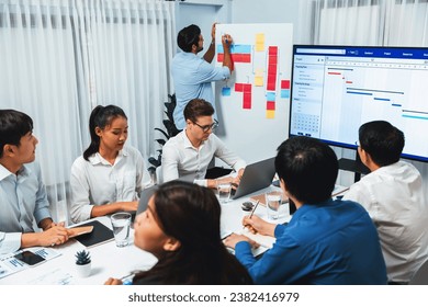 Project manager communicate and collaborate with team using project management software display on monitor, tracking progress of project task and making schedule plan at meeting table. Prudent