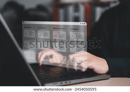 Project manager or handler uses a laptop to manage project progress plan by responsible methodology board tool on interface screen. Process, task list, workflow, due date, planner management software.