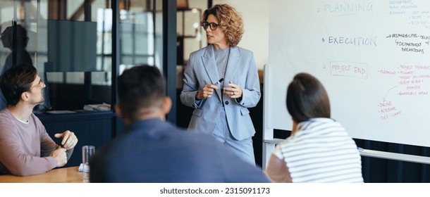 Project manager having a discussion with her team in a meeting. Business woman giving a presentation in an office boardroom. Team of professionals working together on a project. - Powered by Shutterstock