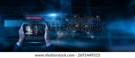 Project manager holding a tablet with work-in-progress data on the screen, tracking productivity improvement milestone tracking performance insights, and reporting development updates efficiency.