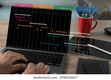 Project manager leading the computer interface update chart scheduling Project on the research and development process - Powered by Shutterstock - Get 15% off with code: PIKWIZARD15