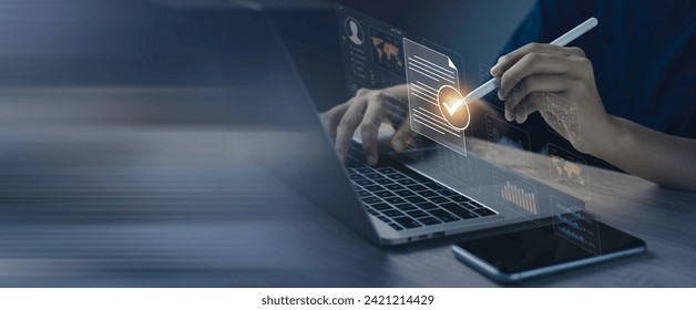 Project manager  user software on laptop. Business developer check data digital report Projector Screen Shows Graphs, Product Sales, Revenue Growth Strategy, e-Commerce Analysis.
