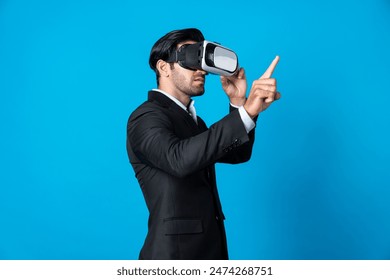 Project manager with virtual reality glasses looking at data analysis while analyzing and pointing data. Skilled business man using VR goggle and digital innovation while enter metaverse. Deviation. - Powered by Shutterstock