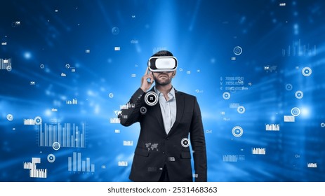 Project manager wearing VR headset while analyzing at financial statistic. Business man wearing virtual reality goggle while checking and looking at statistic chart. Technology innovation. Apparatus. - Powered by Shutterstock