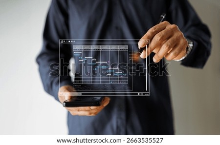 Project manager work with Gantt chart schedule, plan tasks and deliverables. Scheduling activities to do list, KPI dashboard, representing corporate efficiency, productivity, and timeline tracking.