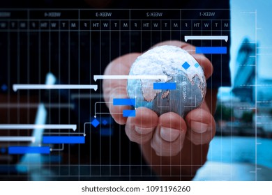 Project manager working and update tasks with milestones progress planning and Gantt chart scheduling diagram.businessman hand showing texture the world.