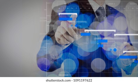 Project manager working and update tasks with milestones progress planning and Gantt chart scheduling diagram. businessman working with digital cloud network concept.