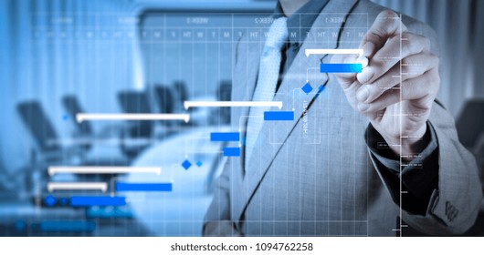 Project Manager Working And Update Tasks With Milestones Progress Planning And Gantt Chart Scheduling Diagram.