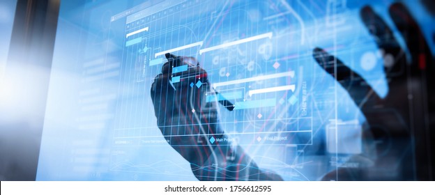 Project manager working and update tasks with milestones progress planning and Gantt chart scheduling virtual diagram.Businessman hand pressing an imaginary button on virtual screen
