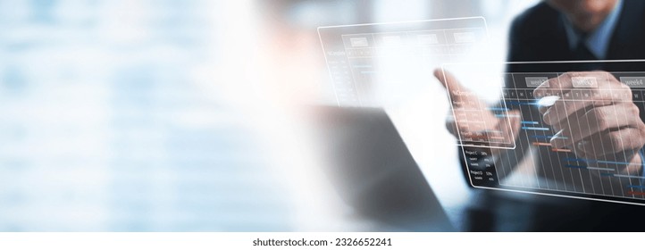 Project manager working and update tasks with milestones progress planning, Gantt chart scheduling virtual diagram. Businessman touching on work schedule on virtual screen, project management concept
