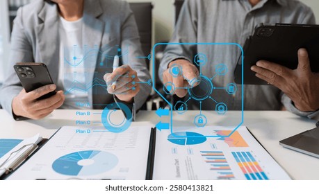 Project manager working and update tasks with milestones progress planning and professional investor working new start up project in the office.	