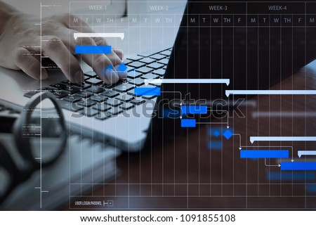 Project manager working and update tasks with milestones progress planning and Gantt chart scheduling diagram.business man working on laptop computer on wooden desk as concept.