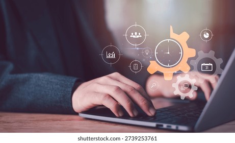Project managers optimize workflow efficiency systems, Hands typing on laptop with gear, clock, virtual icons represent time management, process automation, productivity, structured work planning.