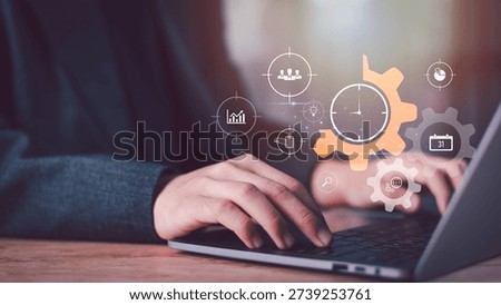 Project managers optimize workflow efficiency systems, Hands typing on laptop with gear, clock, virtual icons represent time management, process automation, productivity, structured work planning.