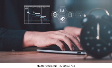 Project managers plan tasks efficiently using digital scheduling tools. gantt chart interface represents time management, productivity, workflow control, and deadline driven project planning.