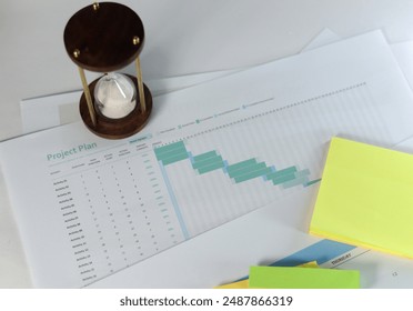 Project plan concept with a gantt chart, calendar, sticky note, hour glass on an office desk
