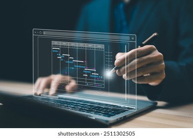 project planner in software. schedule plan management work update and workflow. concept updating and managing milestones on a timeline Gantt chart in technology online. appointment staff of business