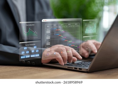 Project schedule plan and data analysis monitor concept, Project manager planning business schedule and work management, Update tasks progress comparative bar Chart business growth, Cost, Profit, Hr