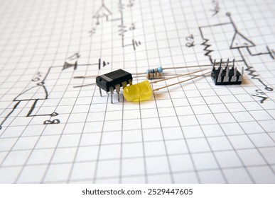 Project with semiconductor components. Integrated circuit and a yellow LED on the electronic circuit diagrams. 