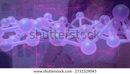 Projecting 3D molecular model spanning lab with purple data overlays, scientist in white lab coat. Holographic, lattice, molecule, visualization, science, digital, grid