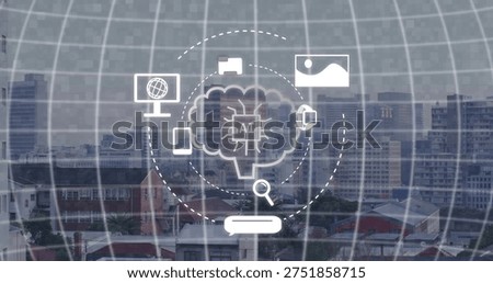 Projecting AI brain-cloud icon with microchip sending data links over urban rooftops, with grid. Cityscape, network, diagram, vector, illustration, futuristic, overlay