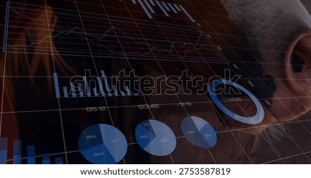 Projecting analytics dashboard across dark control room glass, revealing cropped head and charts. Data, visuals, graphs, overlay, translucent, gridlines, glossy