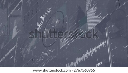 Projecting analytics dashboard on glass monitor, showing dotted globe, charts, gridlines, 2020 2019. Globe, visualization, interface, crosshair, sparkline, silhouette, reflective
