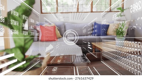 Projecting AR panels, data dial over coffee table in living room with sofa, plants. Holographic, visualization, numbers, charts, futuristic, interior, modern - Powered by Shutterstock - Get 15% off with code: PIKWIZARD15
