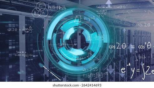 Projecting blue-green holographic interface showing diagrams in data center, with racks cables. Technology, cybersecurity, innovation, visualization, networking, digital, interface