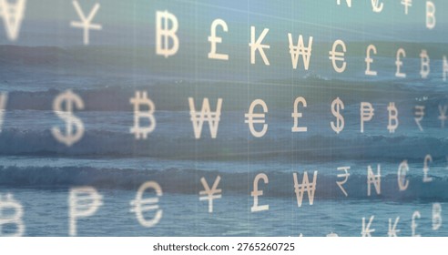 Projecting centered grid of translucent currency symbols over coastal shoreline, with reflections. Ocean, waves, horizon, bluegreen, overlay, glass, doubleexposure