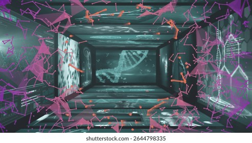 Projecting central DNA helix motif along digital tunnel in research lab, with floating data nodes. Futuristic, technology, innovation, digital, scientific, data, abstract - Powered by Shutterstock - Get 15% off with code: PIKWIZARD15
