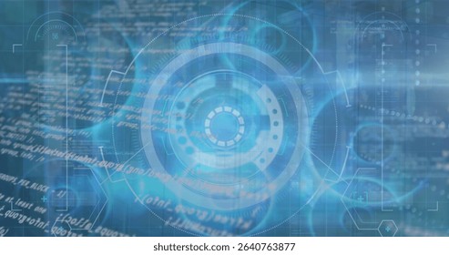 Projecting central HUD element over computer interface with scrolling code and focus brackets. Futuristic, technology, interface, cyber, digital, high-tech, data - Powered by Shutterstock - Get 15% off with code: PIKWIZARD15