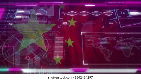 Projecting Chinese flag over command dashboard, with circular meters, world map and DNA waveform. Futuristic, technology, data, interface, digital, visualization, neon - Powered by Shutterstock - Get 15% off with code: PIKWIZARD15