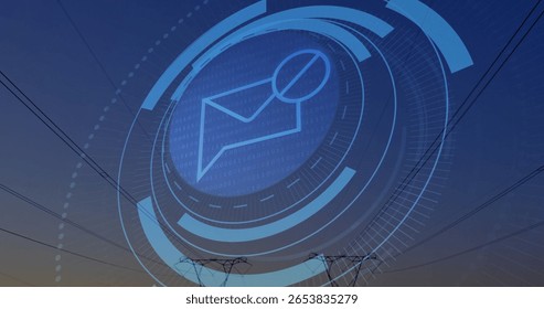 Projecting circular digital interface over power grid at dusk, with message icon and binary code. Technology, infrastructure, futurism, connectivity, industrial, digital, innovation