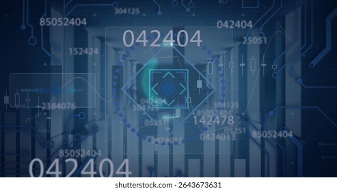 Projecting circular HUD hovering over server corridor, with numeric overlays and crosshair arrows. Futuristic, cyberspace, data, technology, digital, interface, network - Powered by Shutterstock - Get 15% off with code: PIKWIZARD15