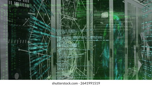 Projecting code onto server racks in data center, with network cables, graphs, humanoid silhouette. Futuristic, cybersecurity, innovation, technology, artificial intelligence, digital, data analytics - Powered by Shutterstock - Get 15% off with code: PIKWIZARD15