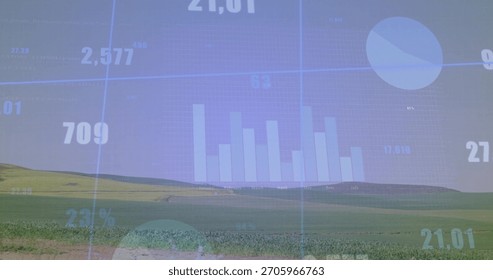 Projecting data overlay over rolling farm, showing center bar and upper-right pie, numbers, horizon. Farmland, fields, landscape, daylight, agriculture, holographic, translucent