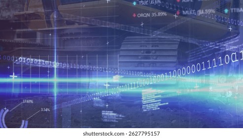 Projecting data stream flowing in urban street scene, with binary code, stock tickers and cyan beam. Futuristic, digital, technology, urban, data visualization, abstract, modern