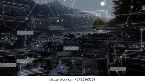 Projecting digital HUD elements across rocky shoreline at dusk, showing tide pools and mountains. Coastal, rugged, puddles, peaks, coniferous, grid, lines