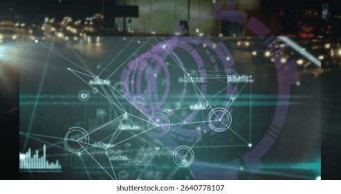 Projecting digital interface overlay over nighttime urban boulevard, with holographic network nodes. Futuristic, technology, data visualization, digital, networking, abstract, cyber