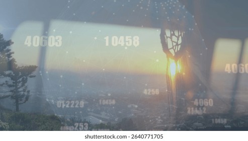 Projecting digital network globe across skyline with pine tree through window, with dreamcatcher. Futuristic, tech, urban, reflection, ambiance, connectivity, harmony