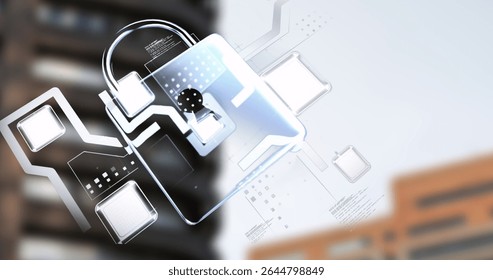 Projecting digital padlock icon glowing circuits over blurred city facade, with data grid overlays. Cybersecurity, digital, network, technology, innovation, security, interface - Powered by Shutterstock - Get 15% off with code: PIKWIZARD15