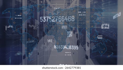 Projecting digital world map overlay over data center aisle, with server racks and hex grids. Technology, cybersecurity, data, networking, innovation, futuristic, infrastructure