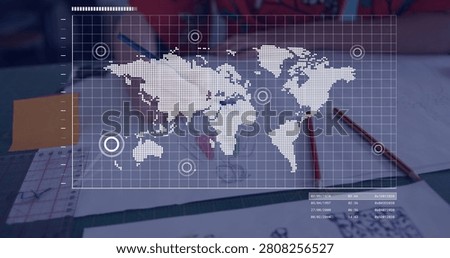 Projecting dotted world map overlay over desk, person in red top sketching with pencil. Holographic, augmented, gridlines, drafting, papers, ruler, translucent
