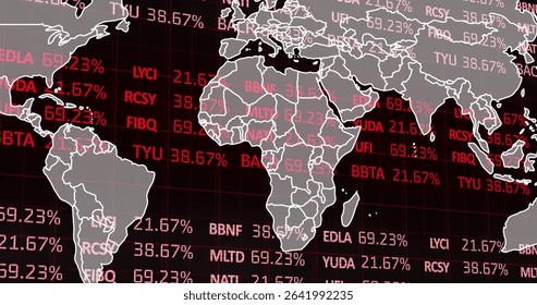 Projecting gray world map over financial display interface, showing stock tickers and percentages. Business intelligence, data analytics, financial technology, digital interface, investment models,