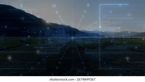 Projecting grid lines circuit paths with glowing numeric markers and central node over green valley. Geography, technology, data, communication, visualization, innovation, connectivity