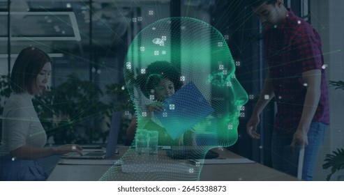 Projecting hologram head showing data nodes and camera icons above conference table, with laptops. Technology, innovation, data, collaboration, digital, modern, visualization