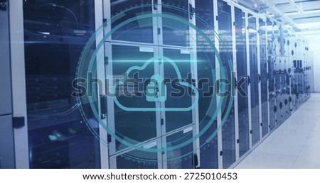 Projecting holographic cloud lock hovering over datacenter aisle, showing glass racks, LEDs, tiles. Servers, cabinets, cybersecurity, blue, hightech, sterile, corridor